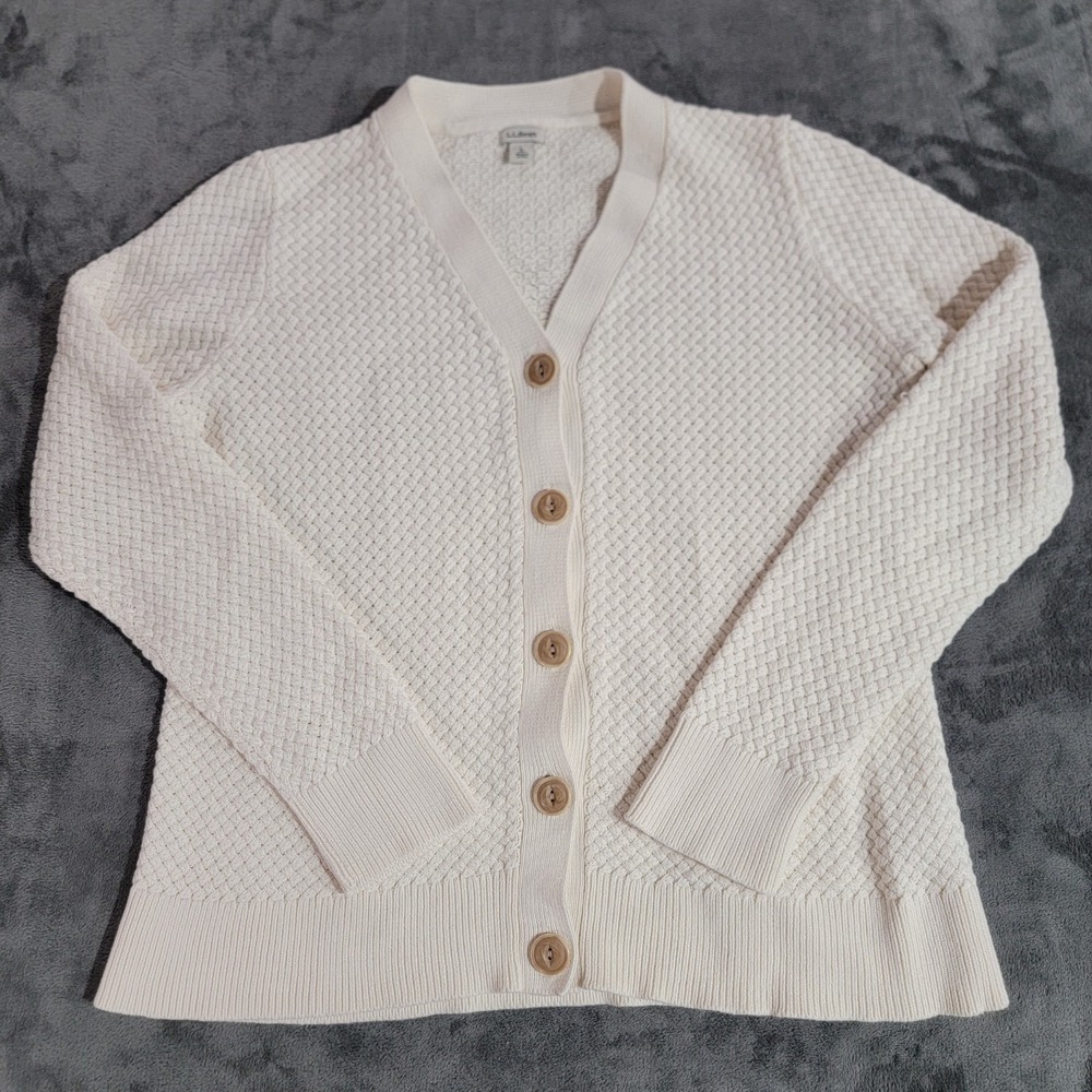 L.L. Bean Cardigan Sweater Women Large Ivory Basketweave Fisherman Knit Cotton